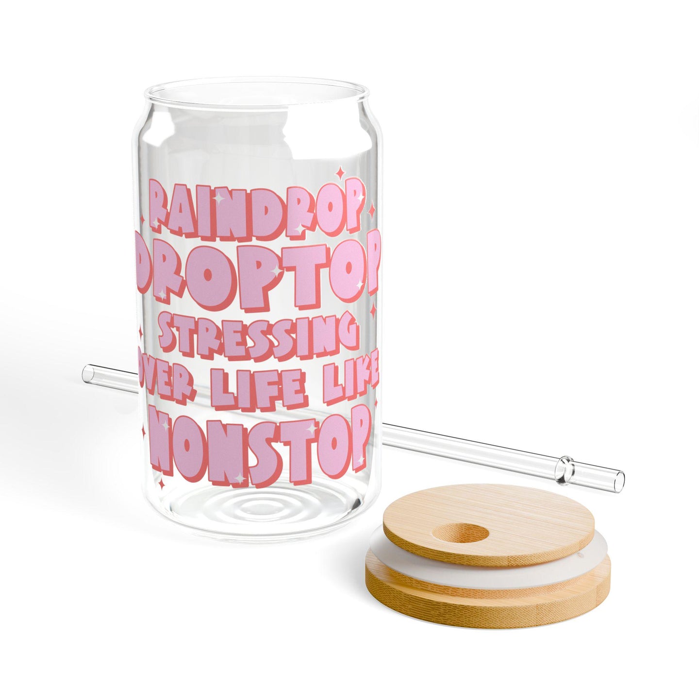 Preppy funny glass cup with bamboo lid glass straw, Cute Cup Beer Can Iced Coffee Glass Cup Cute stress Glass Cup gift for her
